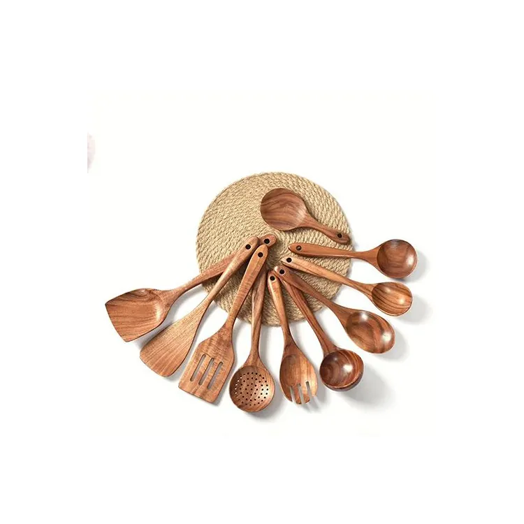 Juego de cucharas de madera para cocina, utensilios de cocina ecológicos de madera de Acacia Natural hechos a mano, cucharas de cocina antiadherentes, Tong