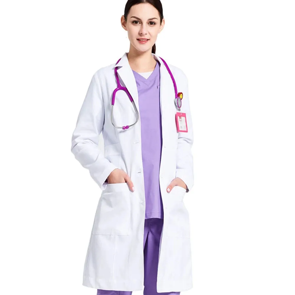 Women's Lab Coat Long Length Lab Spa Nurse Uniform Coats White Hospital Lab Coat