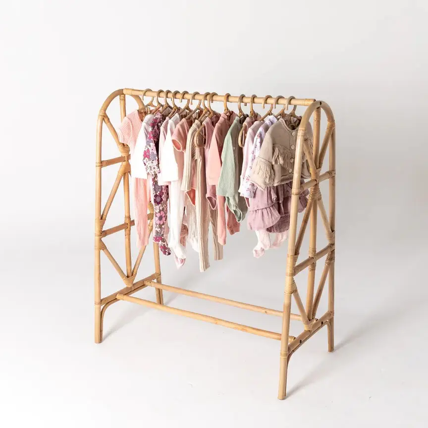 Cabide de roupa rack natural eco amigável, atacado de roupas rattan para adultos e crianças