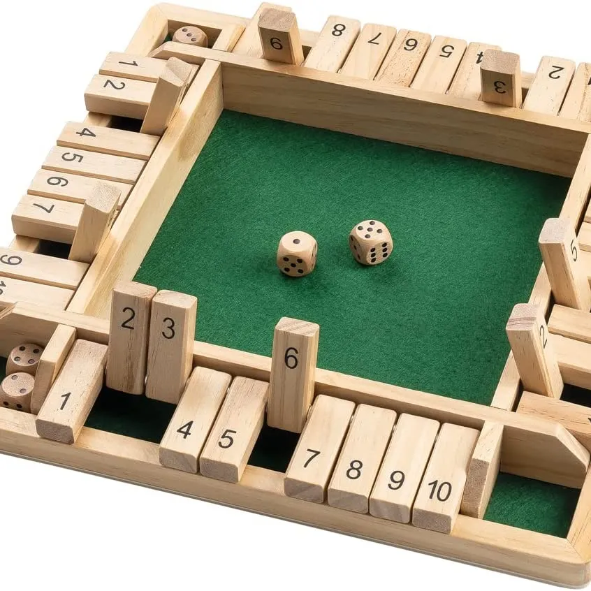 The Box Dice Game Wooden (2-4 Players) for Kids & Adults [4 Sided Large Wooden Board Game, 8 Dice + Shut The Box Rules