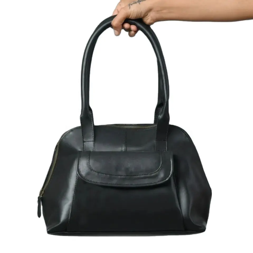 超高品質の本物の黒革手作りの女性のハンドバッグトートバッグトップインドのサプライヤーメーカー卸売業者