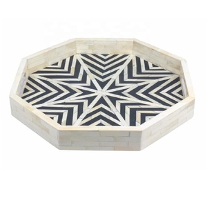 Handmade Modern <strong>Pattern</strong> Bone Inlay Serving <strong>Tray</strong> Round Metal and MDF with Coffee and Tea Serving Function Bone Art Craft - Product Image 3