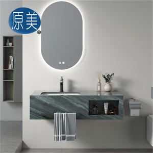 浴室梳妆台用现代光泽梅布尔烧结石板廉价安装水槽，带洗手盆和酒店空间毛巾架