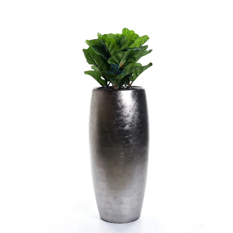 Fioriere all'ingrosso vasi alti in fibra di vetro argento Decor/grandi vasi di fiori per pavimenti in argilla in fibra metallica