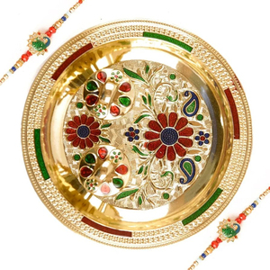マルチカラーMeenakariフラワーデザインPoojaThali 6 INCH Kankavatiグリーンゴールデンピーコックラキブラザー/バイ装飾トレイ用 - Product Image 1