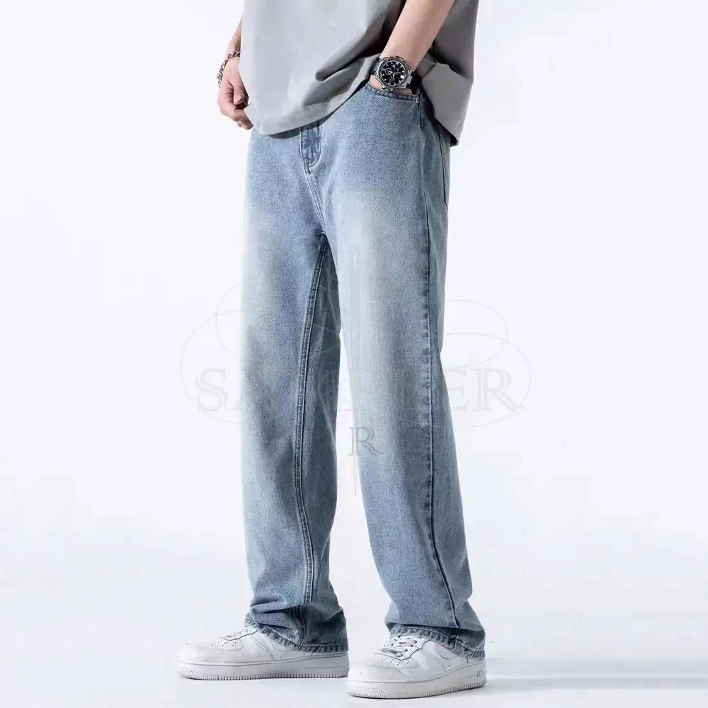 Jeans da uomo estivi di nuovo arrivo pantaloni dritti in Denim fasciatura in vita cotone all'ingrosso Street wear moda gamba larga Casual Jeans blu