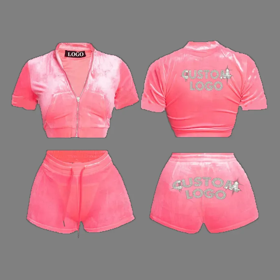 Custom Rhinestone LOGO Summer Outfit Crop Short Sleeve Full Zip Up Velvet Women Tracksuit Jogger Shorts Two 2 piece Women's Set