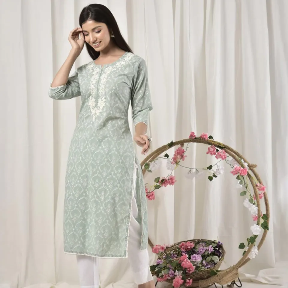 NEW LUNCHING felce verde e Baby Pink Rayon ricamato Kurta con pantalone bellissimo Rayon 140 tessuto dritto kurti con pantalone