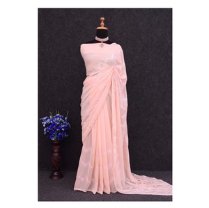 Hafif sahte Georgette Saree bluz iplik ve dizisi ile kadınlar için düğün Partywear Saree hindistan'dan