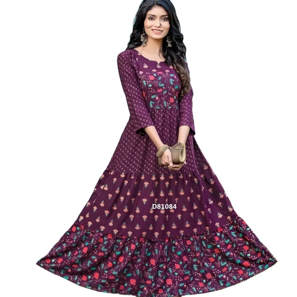 Vestido de fiesta de diseñador con estampado de color vino anarkali Kurti con precio bajo 2023 ropa de oficina de moda tipo regular Kurtis India