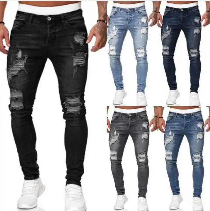 Moda Hip Hop Streetwear Skinny strappati pantaloni antigraffio in Denim da uomo