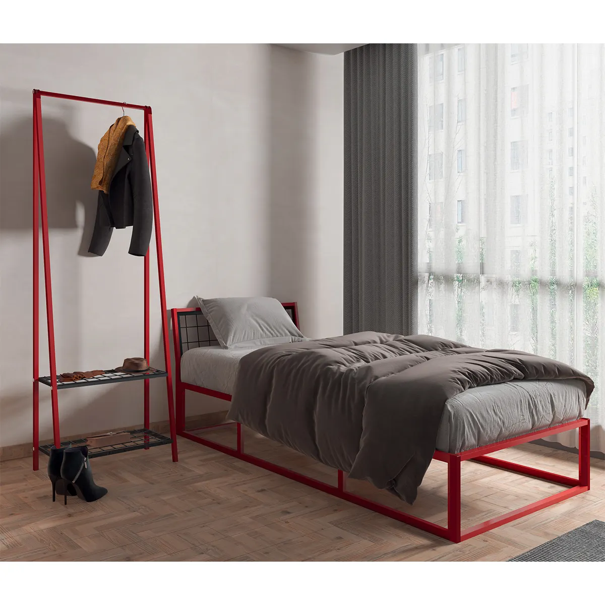 Moderno Set di mobili per camera da letto matrimoniale/King Size in legno massiccio in metallo incluso include supporto per appendere e scarpiera