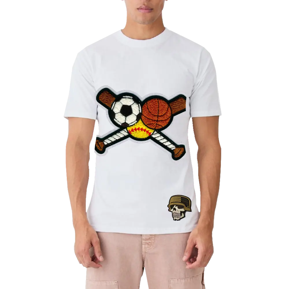 Camiseta de cor branca para homens, camiseta unissex com remendos de ferro e letras personalizadas, bordado de Chenille lavável, roupa de rua
