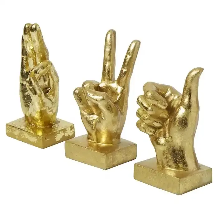 Sculpture de vaisselle de vente chaude finie brillante à prix raisonnable SET/3 Sculpture de signes de main plaquée or pour la décoration de table