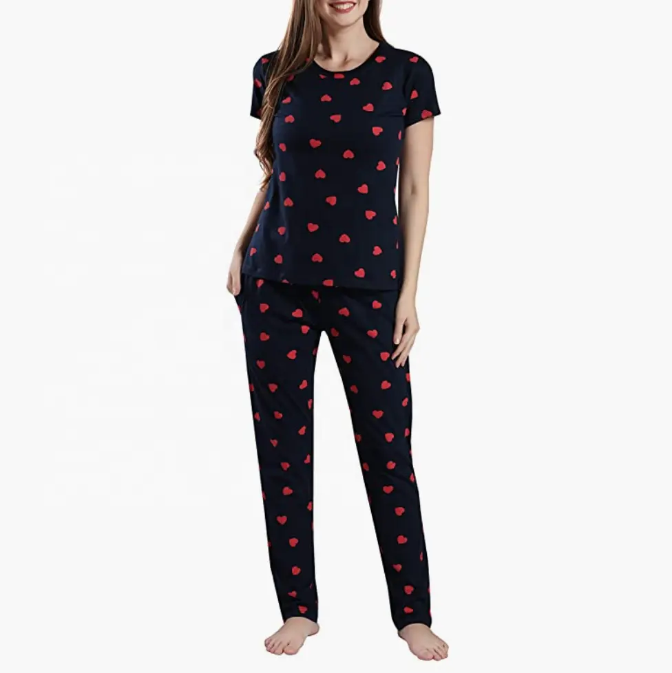 Traje de noche estampado de algodón para mujer Paquete de 2 ropa de dormir, pijamas de mujer Pantalones cortos Jersey Pijamas Estampado Patrón Cuello redondo Punto