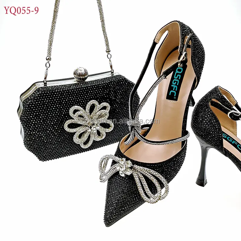 Yq055 conjunto de sapatos e bolsas femininos, sapatos africanos e sacos de alta qualidade decorados com strass para festa