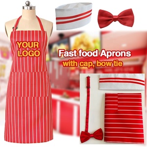 शास्त्रीय 1990 की वेटर पोशाक सेट एप्रोन हैट बोटी होटल रेस्तरां बार लाल और सफेद धारीदार एप्रन - Product Image 1