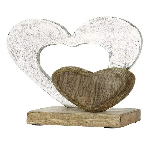 Venta al por mayor último personalizable diseño de doble Corazón en madera base corazón de metal en plata para mesa decorativa diseño personalizado hecho a mano