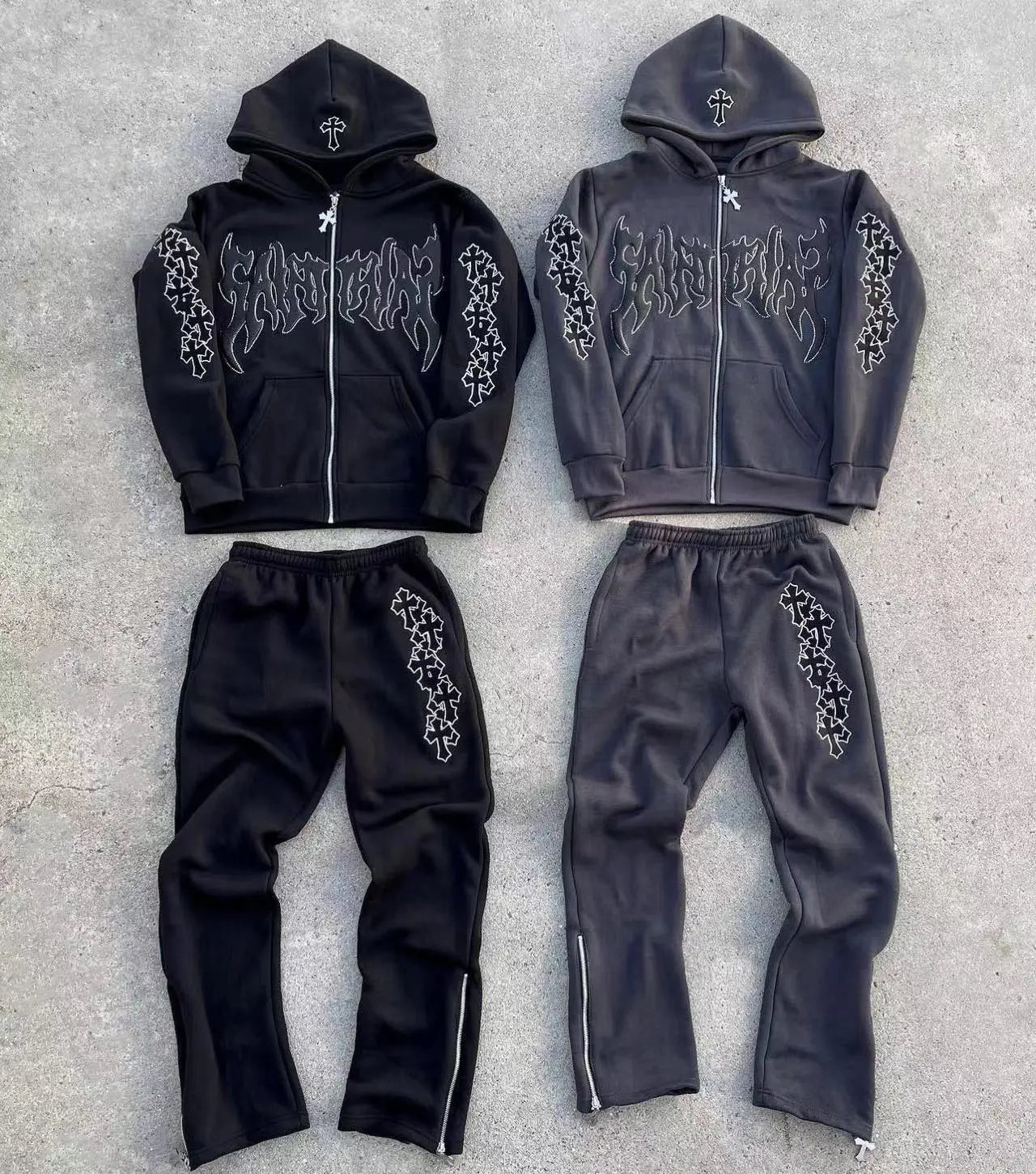 Erkekler eşofman alevlendi Sweatpants ve Hoodie setleri Unisex puf baskı taklidi fermuarlı kapüşonlu svetşört Flare ter pantolon seti