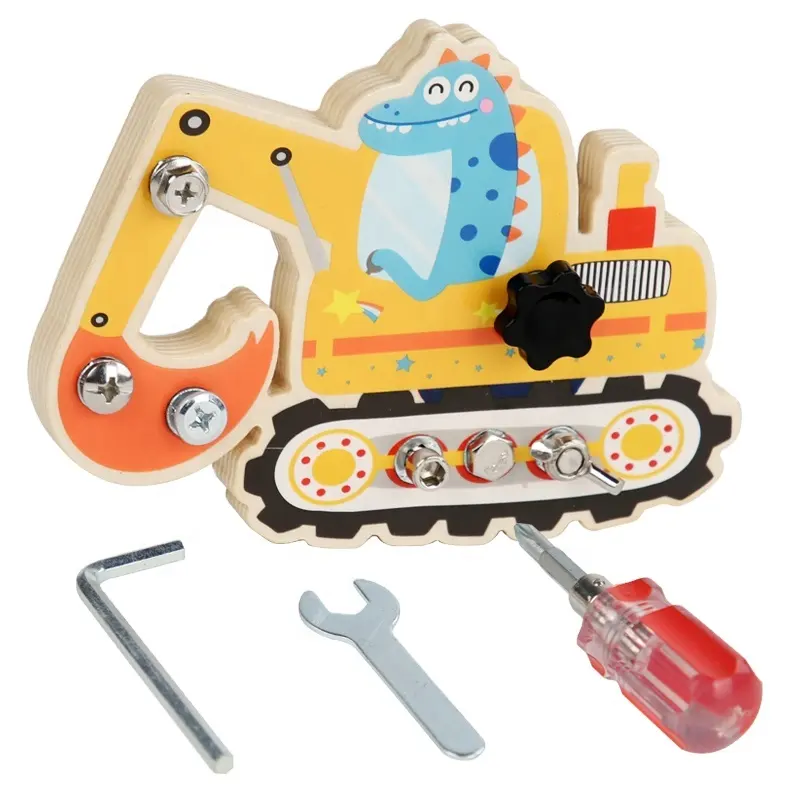 Children Educational Assembly Wooden Vehicle Fire Truck Excavator Ship Screwdriver Nut Tool Busy Board Screw Toy