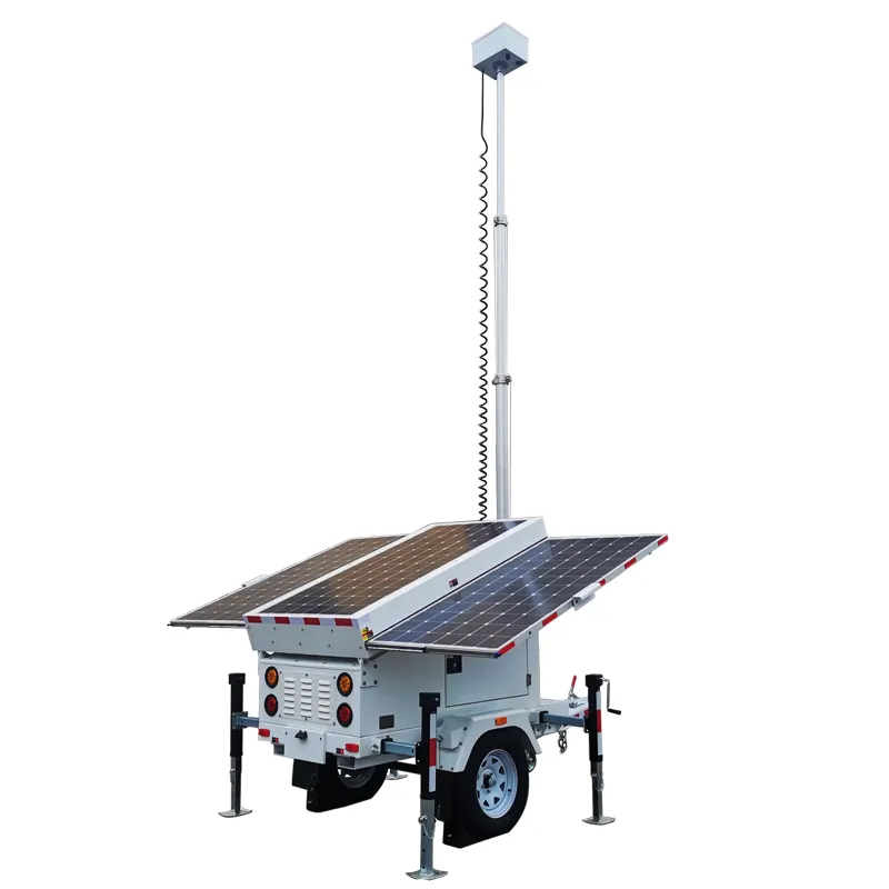 Năng lượng mặt trời tháp CCTV ngoài trời bãi đậu xe nhanh chóng triển khai Bộ điều khiển MPPT cuộc sống lâu dài cung cấp điện tự trị tháp CCTV di động