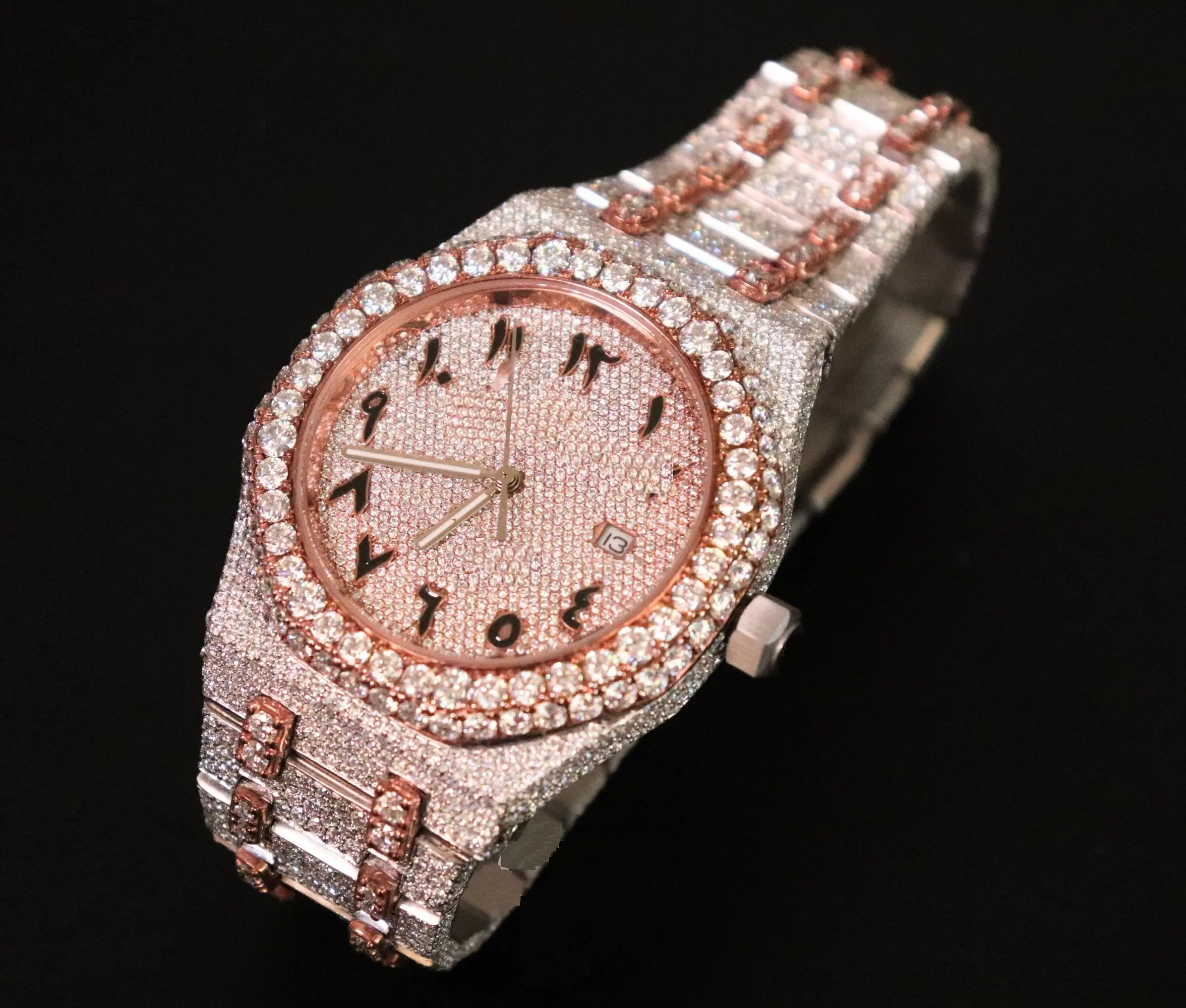 Vvs Moissanite Diamond Horloge Automatische Luxe Heren Quartz Uurwerk Volledig Ijskoud Bling Hiphop Sieraden Rose Gold Tone Afwerkingen