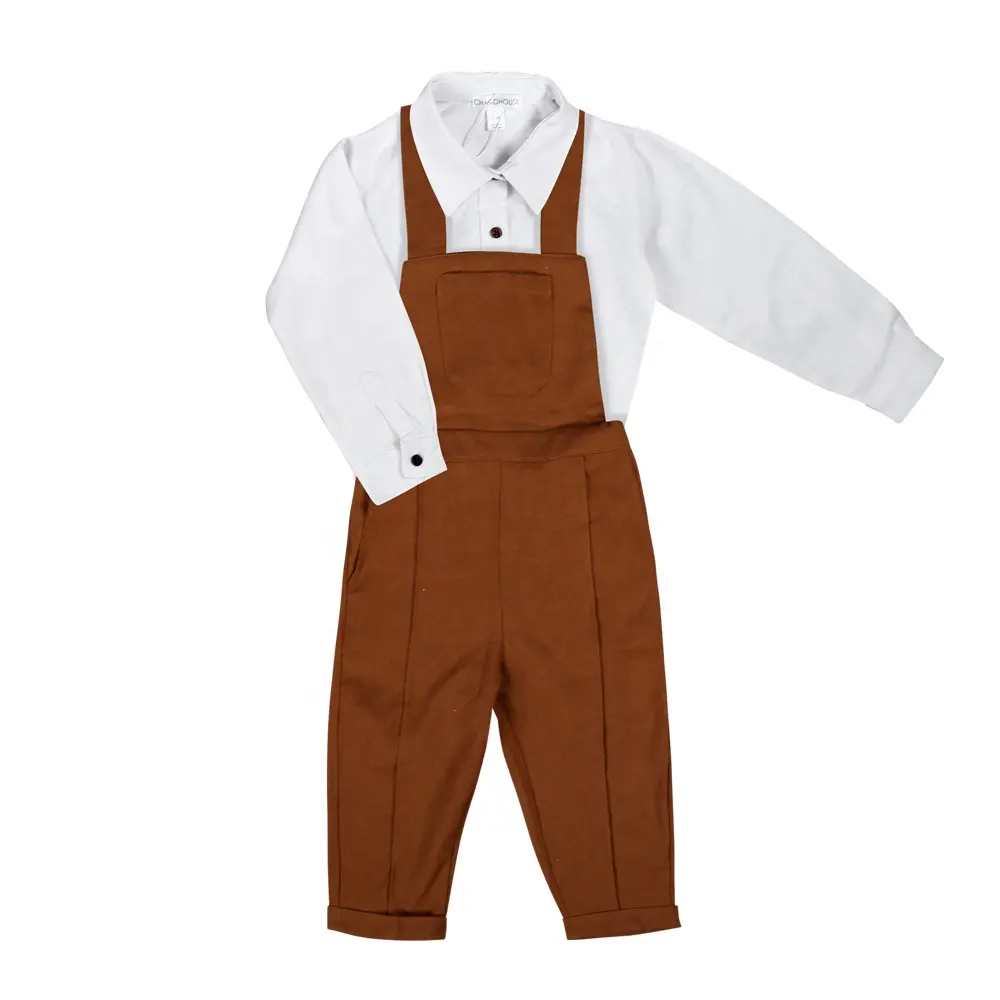 Good Quality For Sale OEM ODM Long Sleeves Shirt  Brown Overalls 2 Pieces Outfits Baby Boy Set - Linen Set