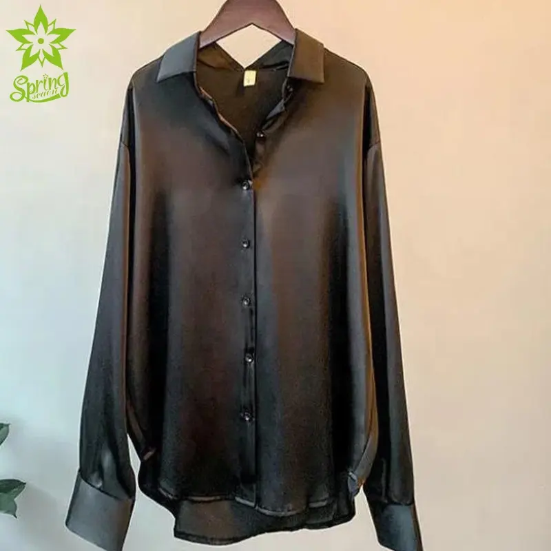 Muestra gratis OEM/ODM Vintage mujer satén camisa blusas Tops Turn Down Collar manga larga botón blusa para mujer tendencia suelta