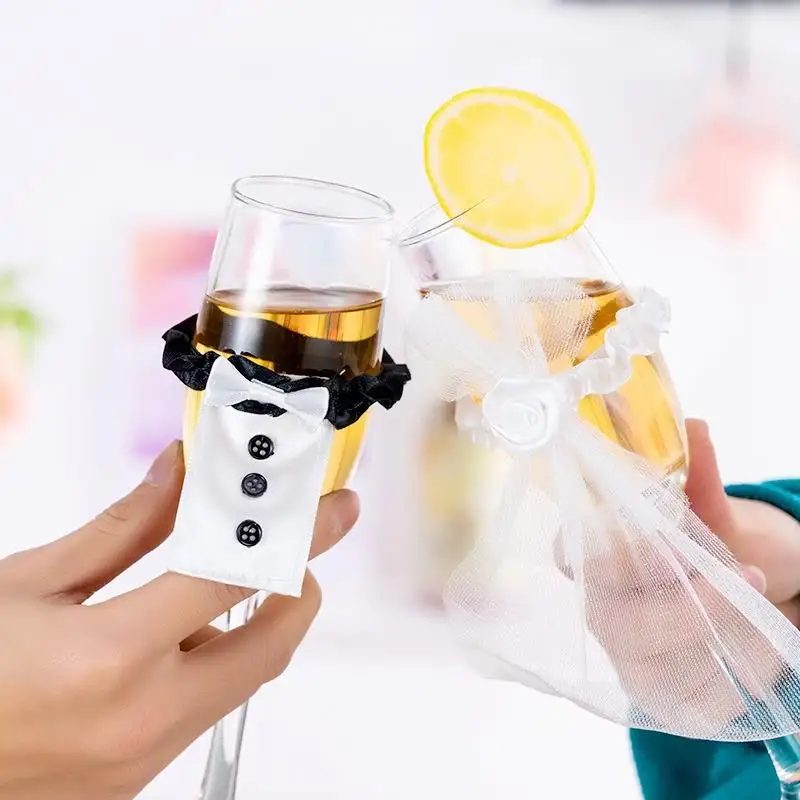 Juego de copas de champán para vino de boda, Copa decorativa para vestido de novia y novio en blanco y negro para boda, regalo de San Valentín