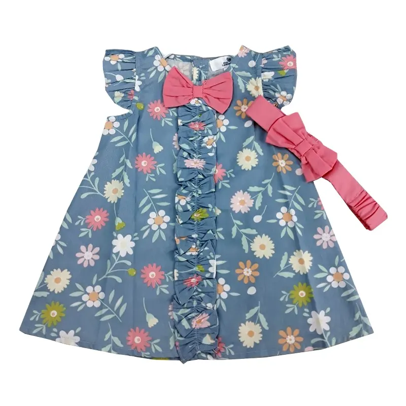 Vestido de menina flor marinha 2 peças + vestido com padrão HB para bebê de 3-6-12-18-24 meses feito de 100% algodão