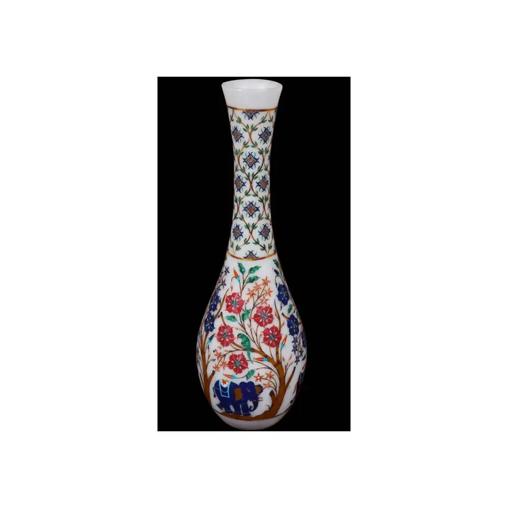 La plus haute qualité avec la conception de fleurs et d'éléphants de forme verticale Vase à fleurs en marbre de couleur blanche fait à la main de grossiste