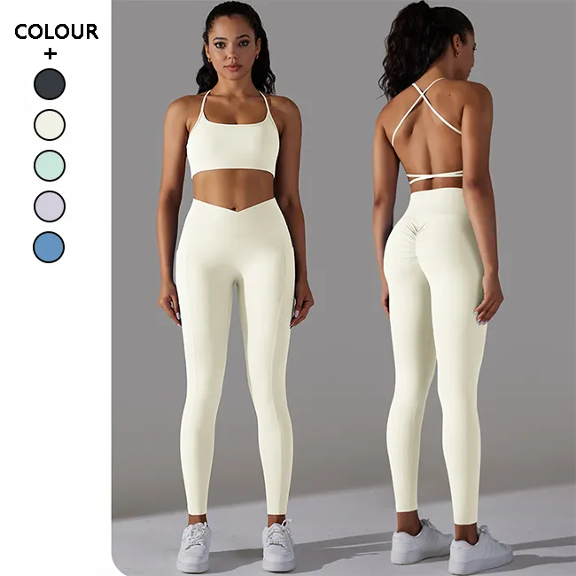 Vêtements de yoga personnalisés de haute qualité Soutien-gorge de sport américain sexy au dos magnifique Ensemble de leggings de fitness taille haute respirant avec poches aux hanches