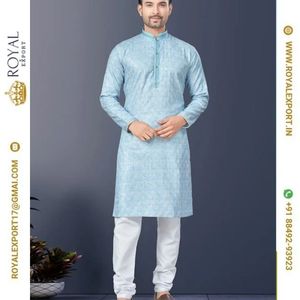 <strong>Designer</strong> Latest <strong>Kurta</strong> Round <strong>Neck</strong> Collar with Simple Sequence Work Mens <strong>Kurta</strong> Pajama Set Wholesale Cheap Rate Surat - Product Image 2