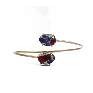 Adjustable Copper Turquoise Bangle Bracelet Mix Mohave <strong>Jade</strong> and Prong Set Gold <strong>Fashionable</strong> Tumble Shape Bangles - Product Image 1