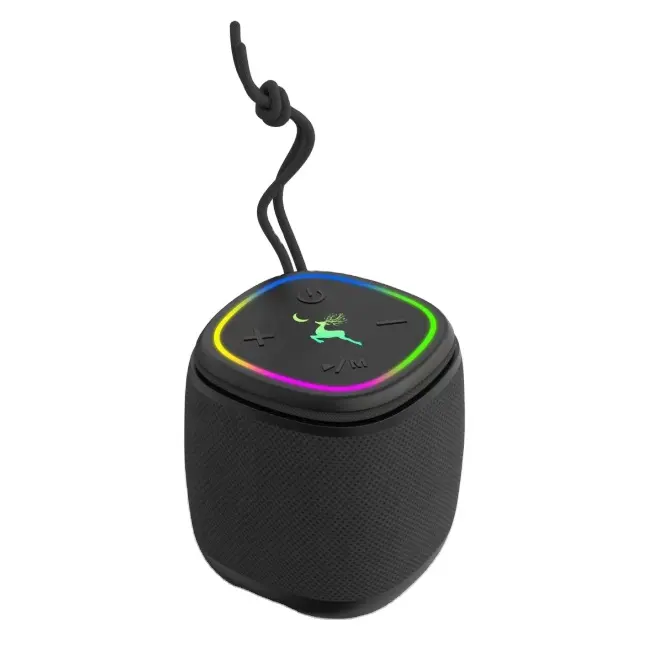 Prix d'usine OEM 8W RGB étanche IPX5 Mini Bocina ronde Haut-parleur portable d'extérieur en tissu BT sans fil à dents bleues