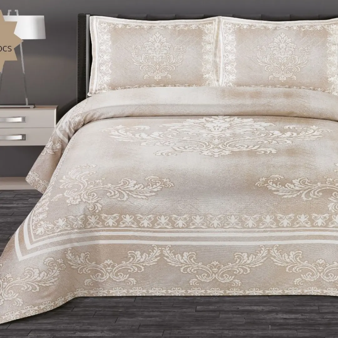 Yatak örtüsü seti şönil kumaş kadife kabartmalı yatak kral yatak örtüsü seti, bej renk yatak örtüsü