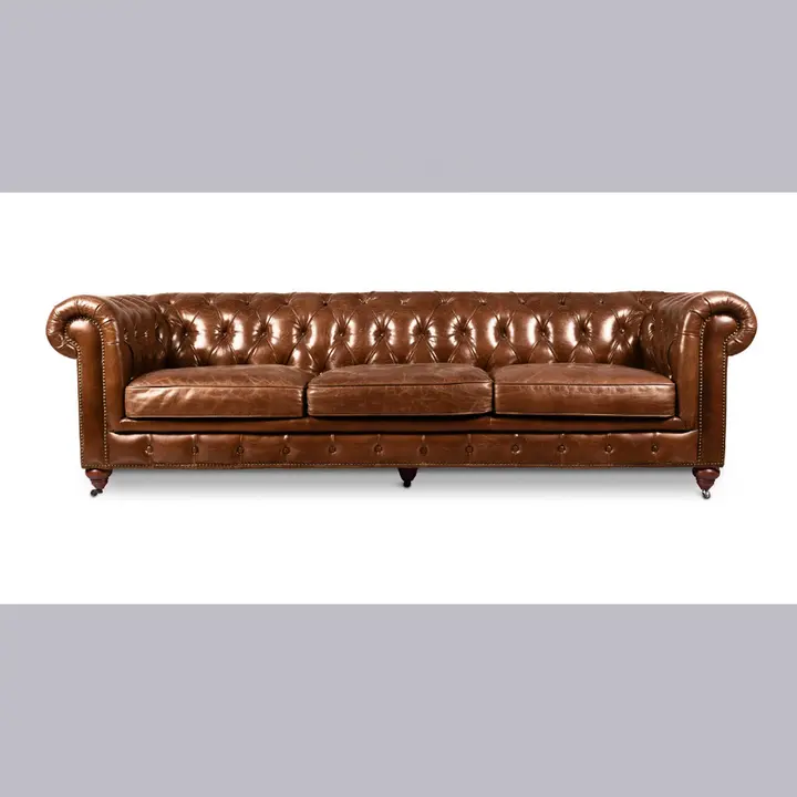 Set Sofa tiga tempat duduk kulit asli 100% Sofa kulit asli Retro untuk kulit asli Chesterfield