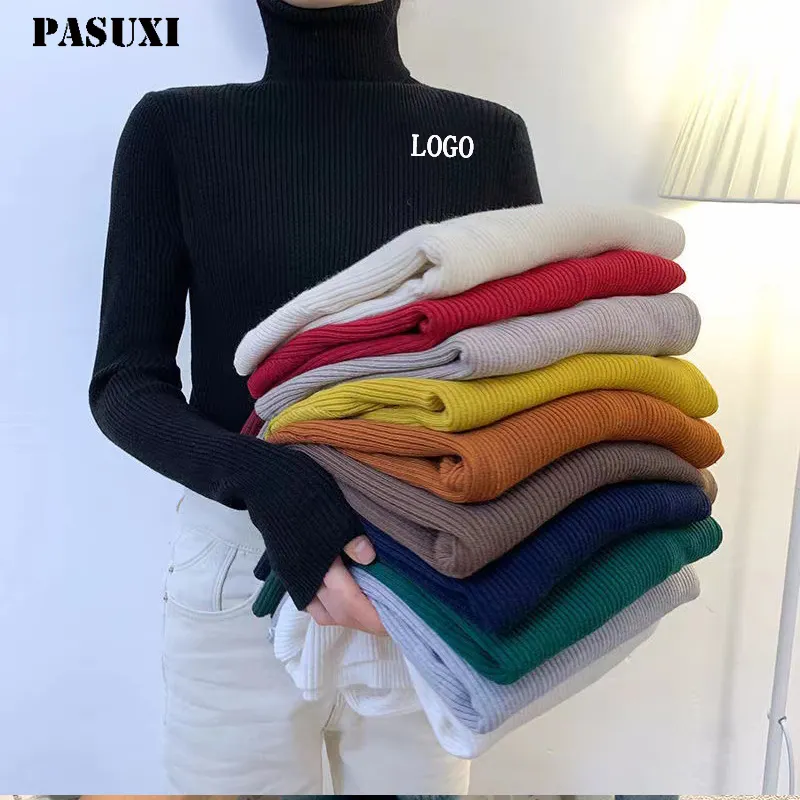 PASUXI femmes automne à manches longues pull mince haut élastique pull apprêt chemise solide casual col roulé tricoté femmes pull