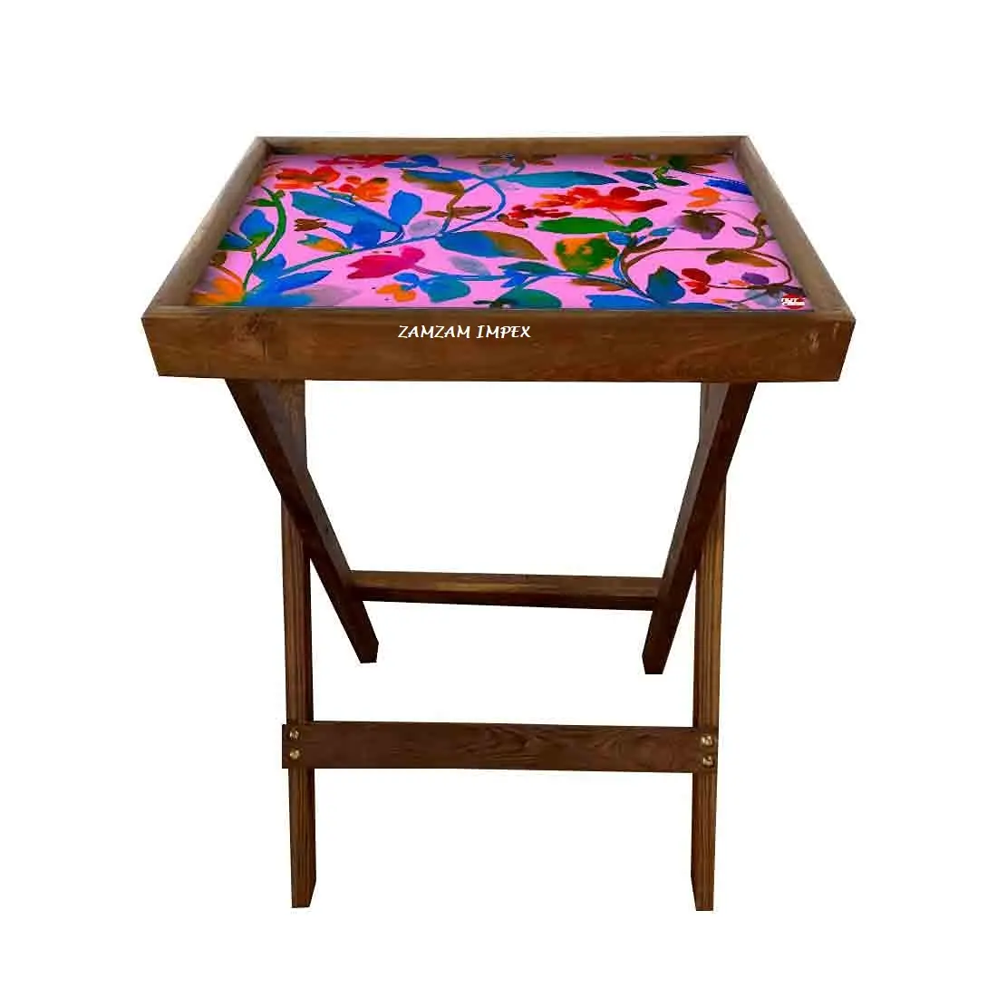 2024 New Arrival Mango Wood Pink Leaves Print Folding Tray Table for Living Room Bedroom Patio Garden