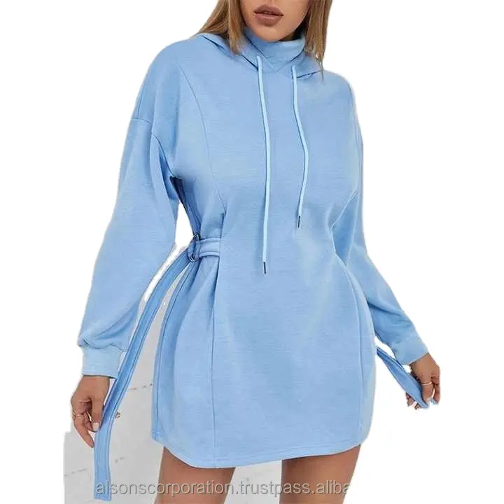 Vente en gros de cordons de haute qualité avec logo personnalisé vierge sweat à capuche chaud pour femme robe bleu ciel grande taille sweat ample