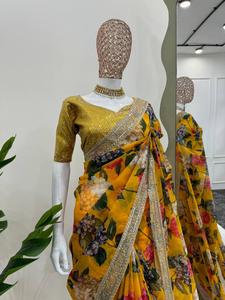 Kaliteli yeni 2025 tasarımcı parti giymek Tibby ipek Saree ile bluz iplik ve dizisi ile çalışma ve dijital baskılı çalışma - Product Image 3