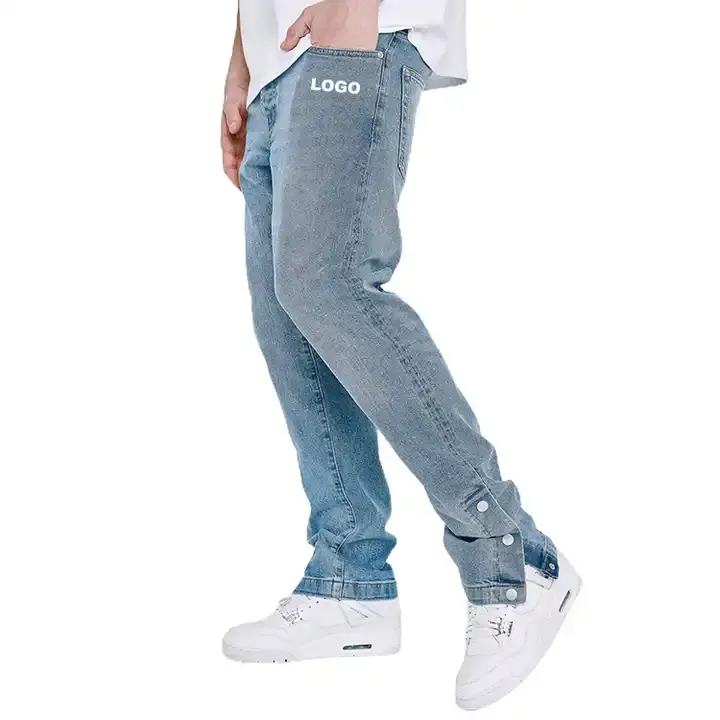 Celana jeans pria biru logo kustom OEM jeans Pria ketat kancing samping jeans Pria tumpuk longgar kualitas tinggi untuk pria