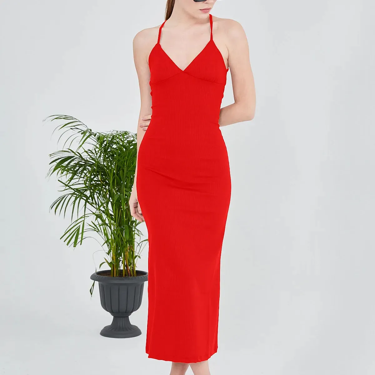 Maxi Length red Camisole Dress Well-Fitting Stylish Dress Elegant Dress With Back Detail green