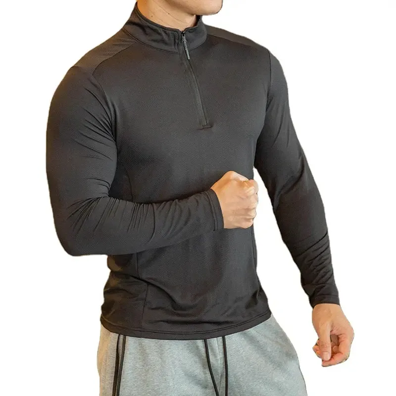 Custom Blank Skiing Running Slim Fit 1/4 Quarter Zip Pullover Shirt Compression Gym Sport Long Sleeve T-shirt for Men