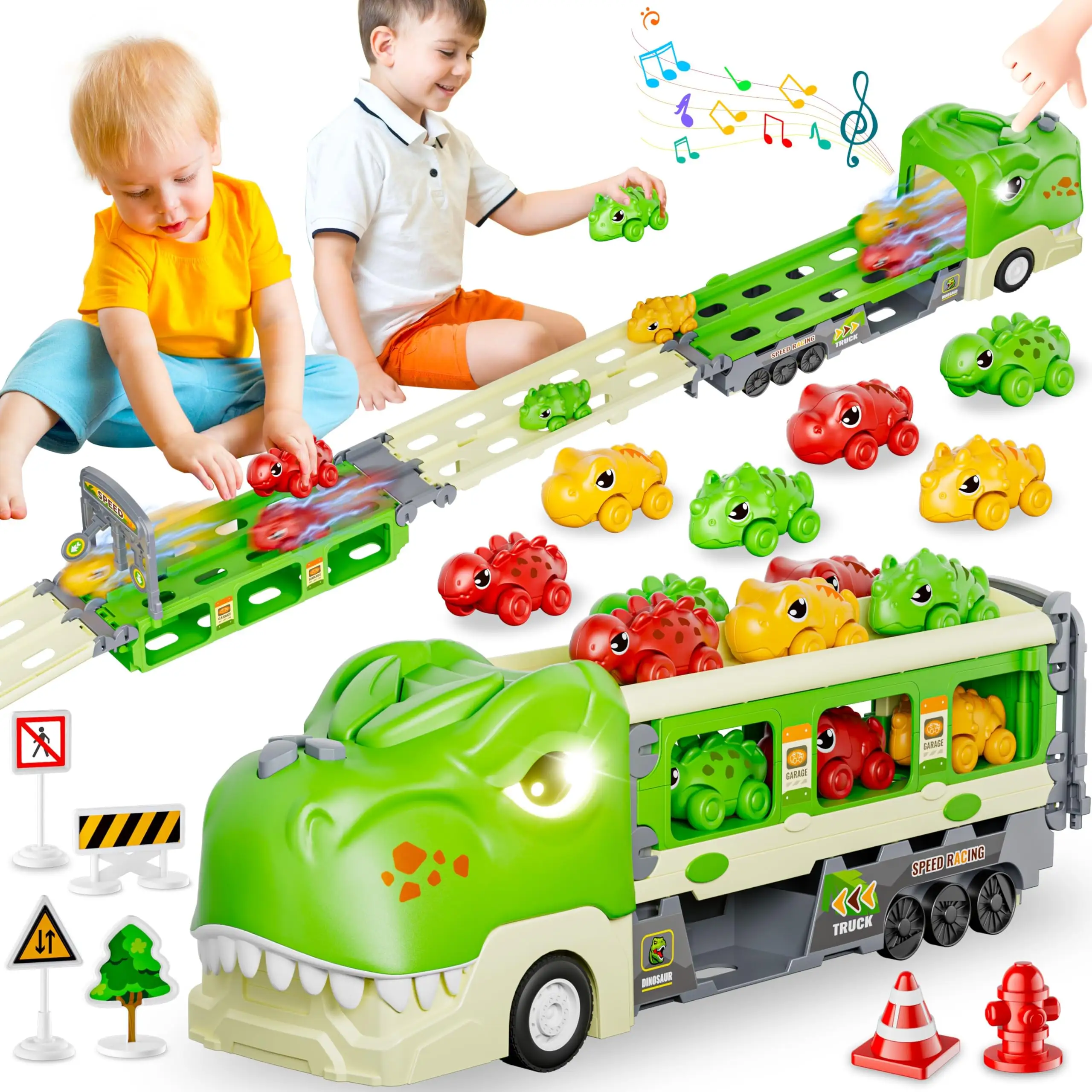 Temu, superventas, 6 uds., camión de dinosaurios, juguetes de lanzamiento, coches de pista de carreras, camión de dinosaurio portátil inercial creativo para niños