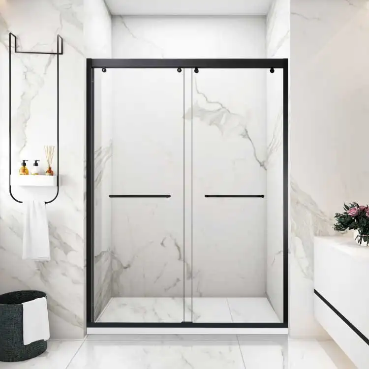 Portes de douche coulissantes d'hôtel Boîtier de salle de bain Maison Villa Boîtier de douche en aluminium noir Moustiquaire de porte de douche coulissante en verre de 8mm