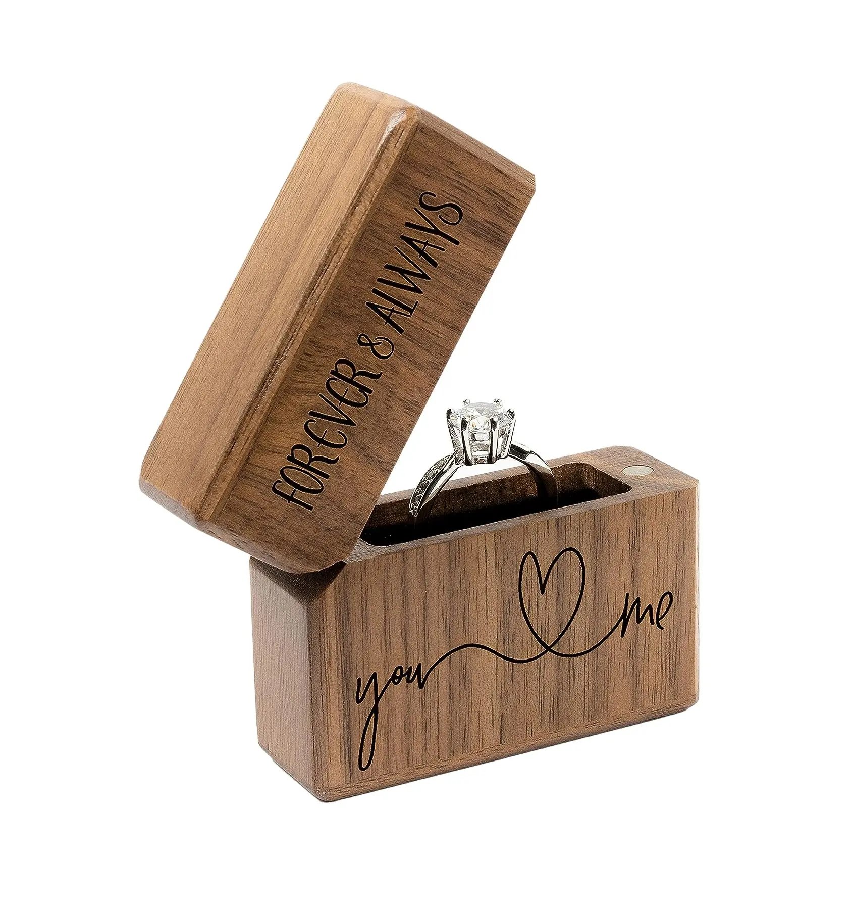 Engagement Ring Box for Proposal Slim Pocket Size Walnut Wooden Lighter Ring Box Engraved (Forever and Always You and Me)
