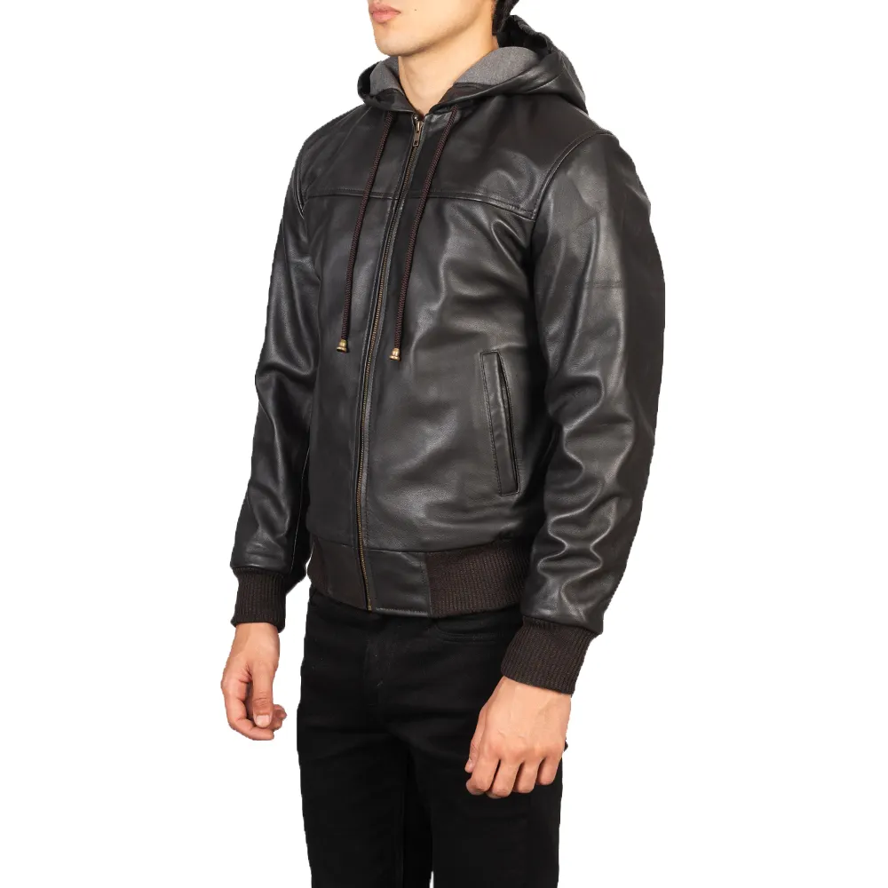 Chaqueta Bomber con cremallera de cuero de piel de cordero marrón transpirable para hombre, llegada de invierno 2024, con capucha adjunta y bolsillos laterales a la venta