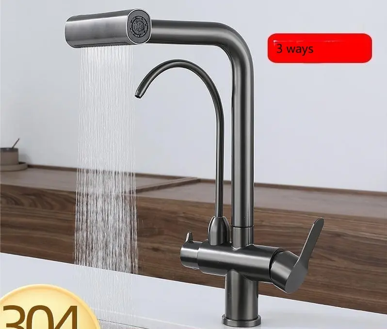 3 vie depuratore d'acqua rubinetto cucina SUS304 in acciaio inox lavello rubinetto miscelatori Multi doppio manico estraibile rubinetti da cucina