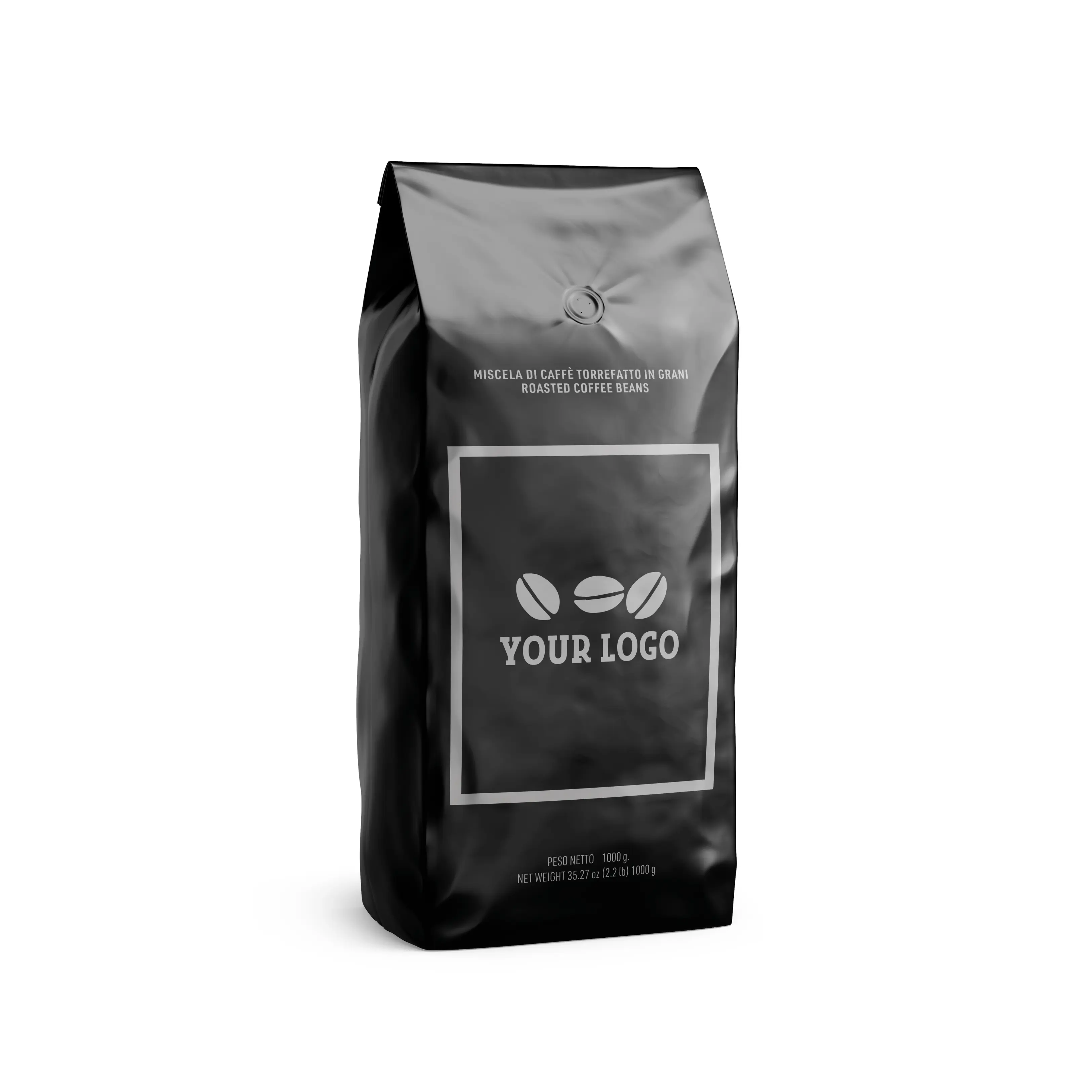 Grains de café italiens de marque privée 1Kg sac noir de café en grains entiers 100% Arabica moyen torréfié pour café